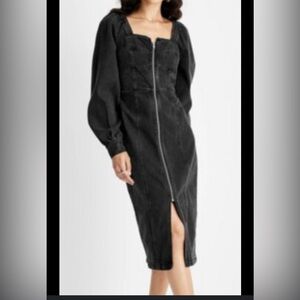 Future Collective Kahlana Brown Bayfield puff sleeve zip front aline denim dress